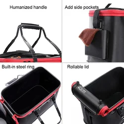 Cubo collapsible para peces vivos – Asa EVA y bolsillo lateral para pesca
