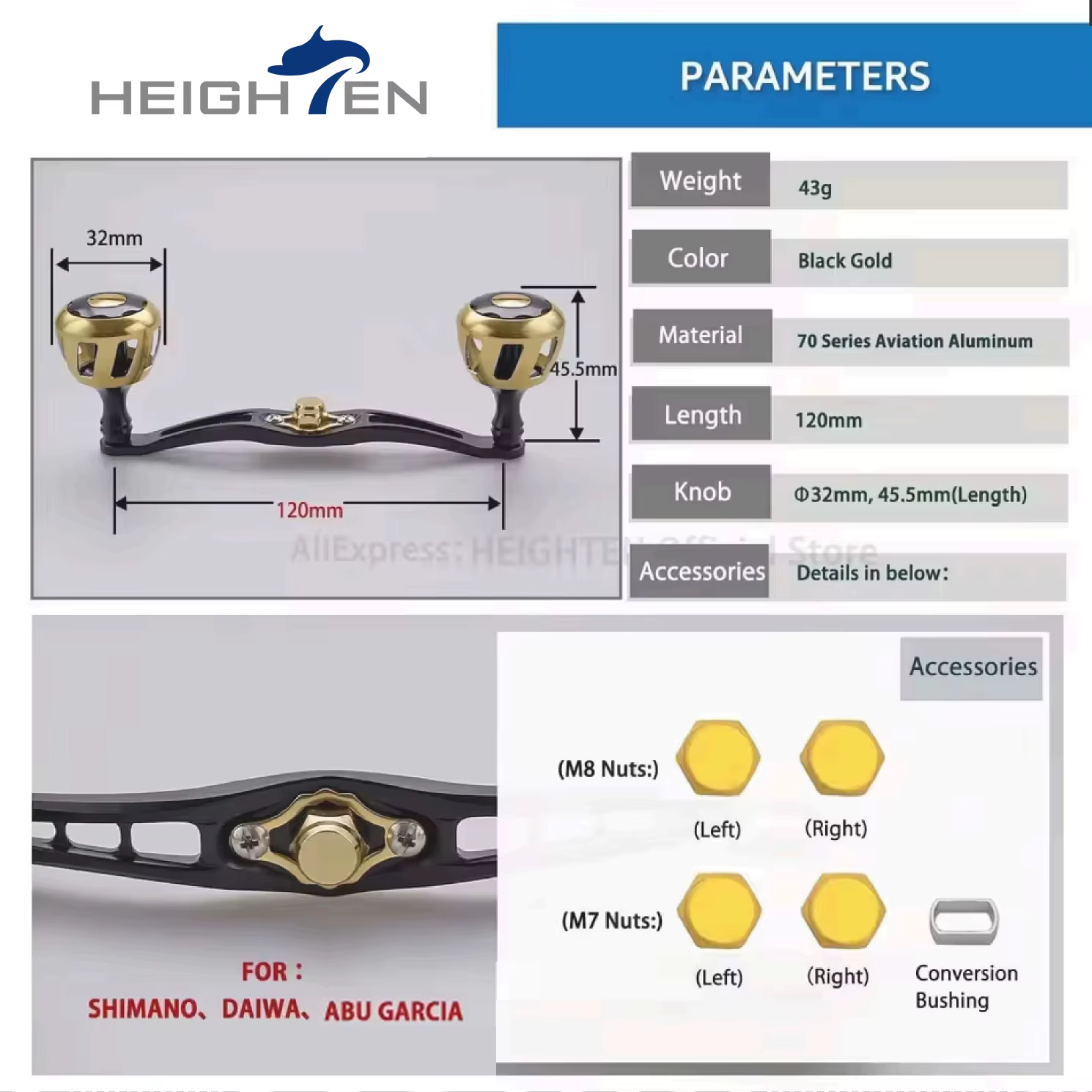 Manivela HEIGHTEN 120mm para carrete baitcasting – Perilla 32mm - imagen 4