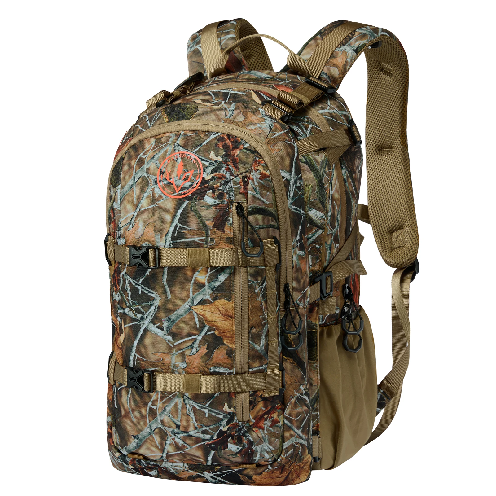 Vista frontal de la mochila BASSDASH HP02 con diseño camuflaje