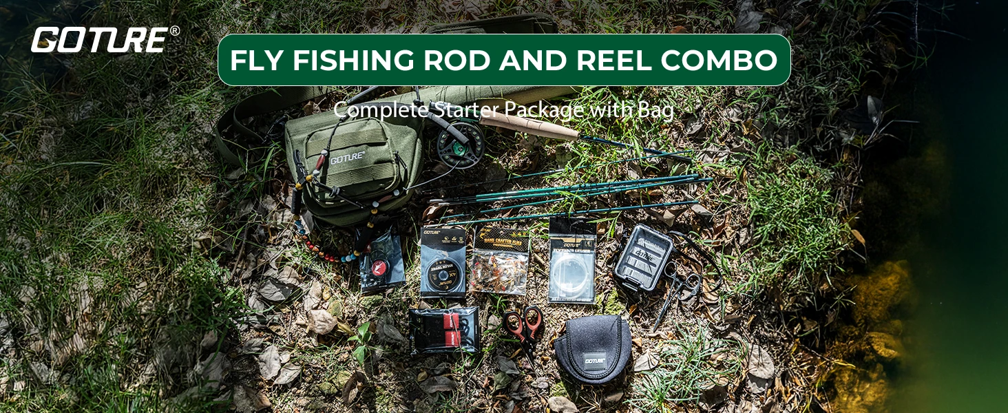 Kit completo de pesca con mosca Goture con caña, carrete y accesorios