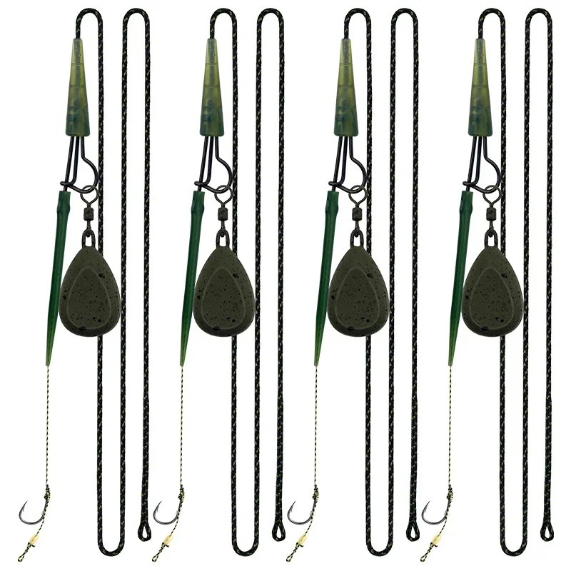 Componentes del kit líder de pesca de carpa con plomos y anzuelos