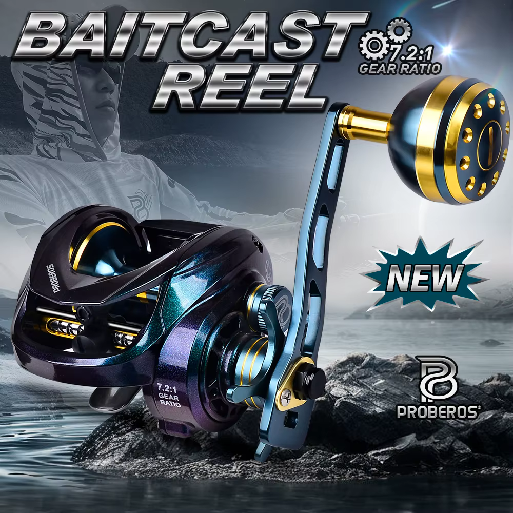 Carrete de pesca Proberos con eje metálico y diseño robusto