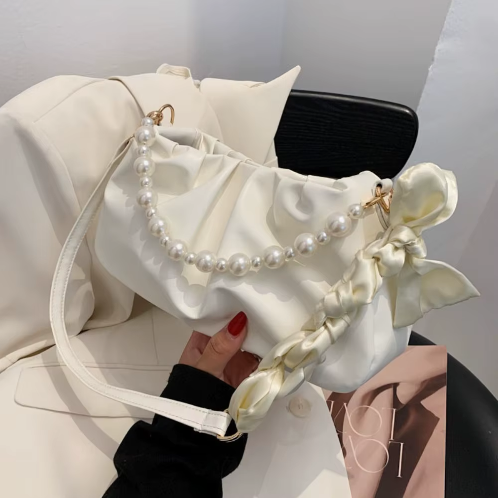 Bolso bandolera plisado cuero PU perlas – Tamaño pequeño - imagen 3