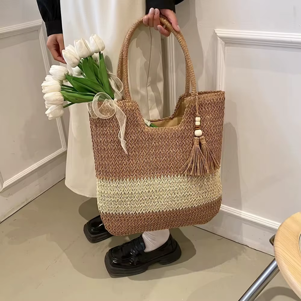 Bolso de playa de paja con borlas, gran capacidad boho - imagen 4