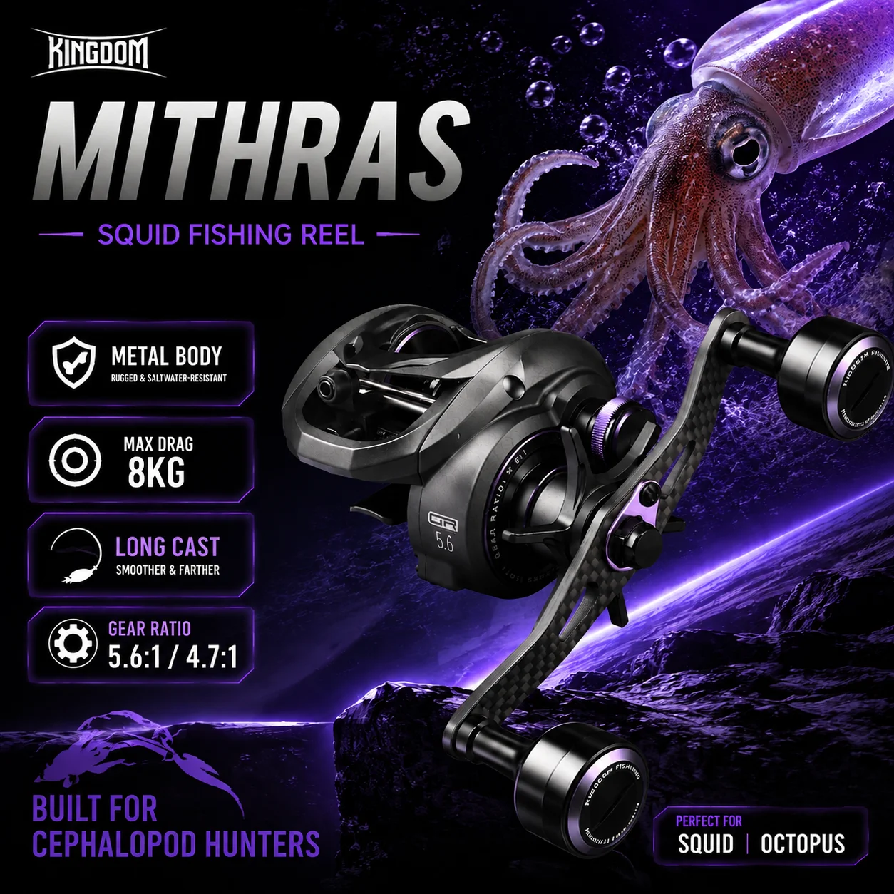 Carrete de Pesca KINGDOM Mithras Squid con Fibra de Carbono y Aluminio