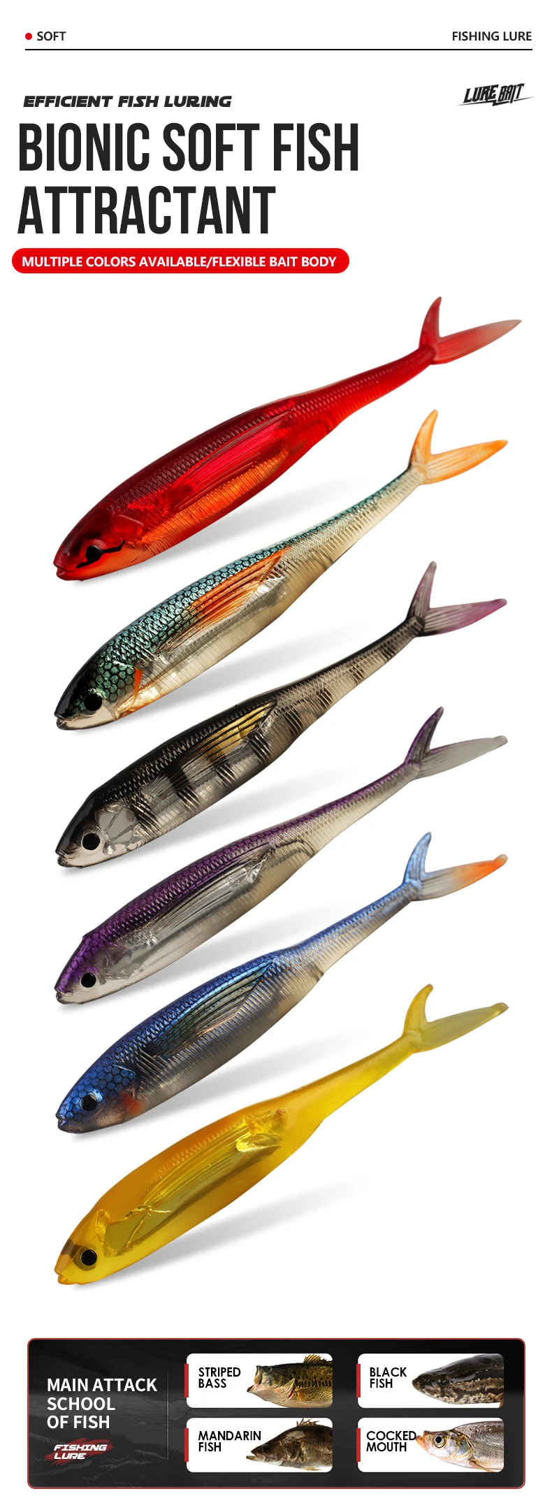 Cebo de pesca con cola de horquilla en múltiples colores