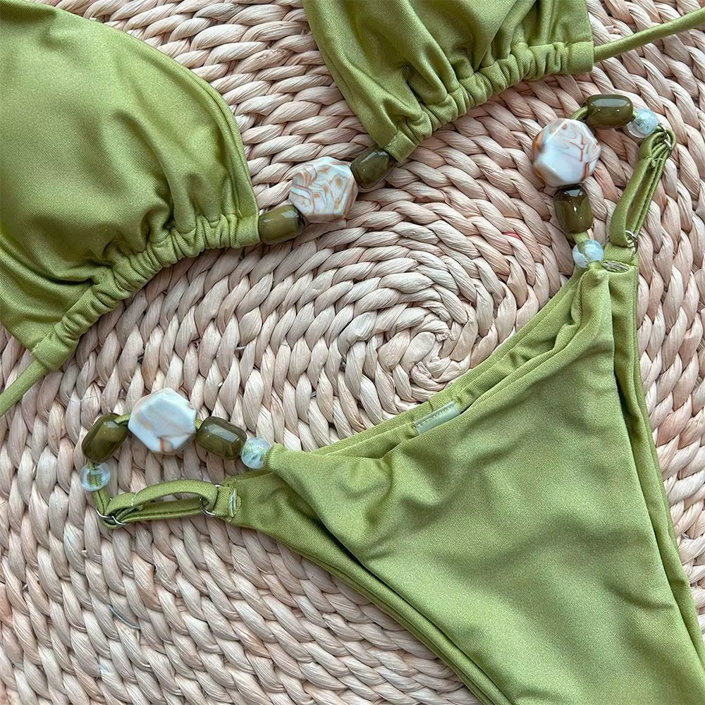 Bikini de triángulo con cuello halter y cuentas para mujer - imagen 2