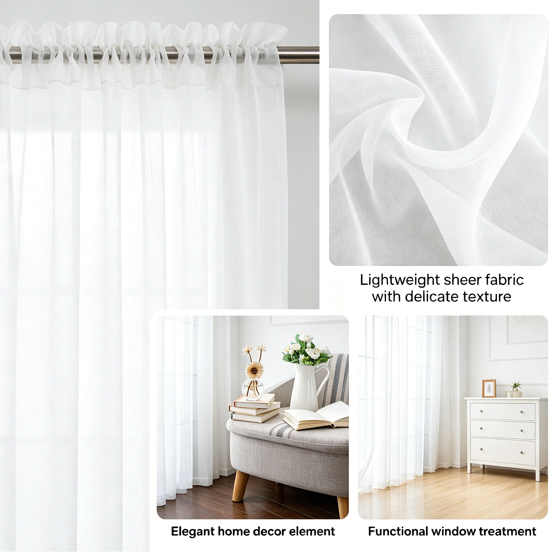 Cortinas de tul transparente suave blanco sólido para ventana - imagen 2