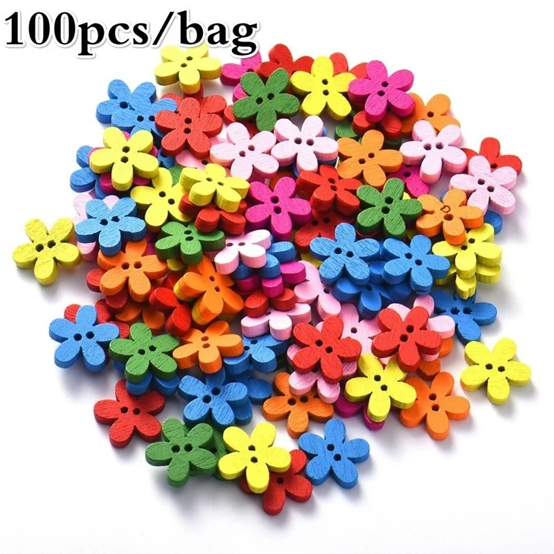 Botones de madera con flores multicolor – 2 agujeros para costura