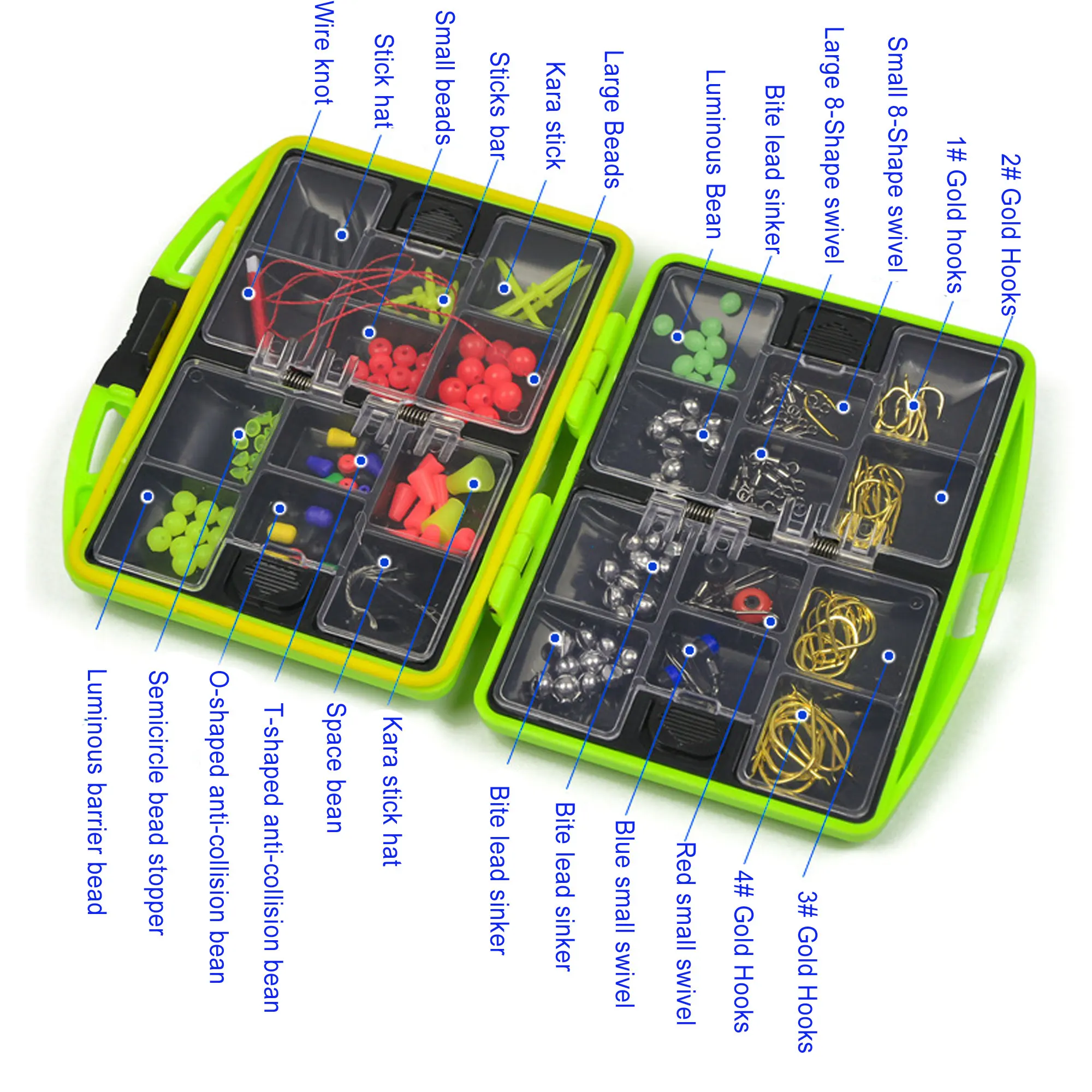 Anillos giratorios y plomos de diferentes tamaños incluidos en el kit