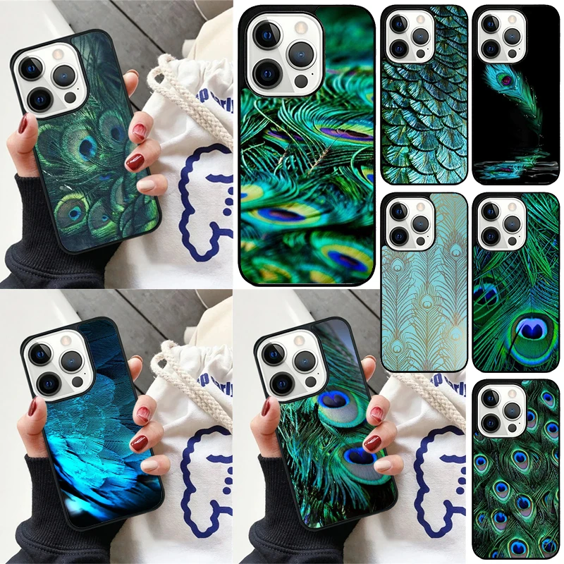 Funda iPhone resistente con plumas de pavo real y turquesa