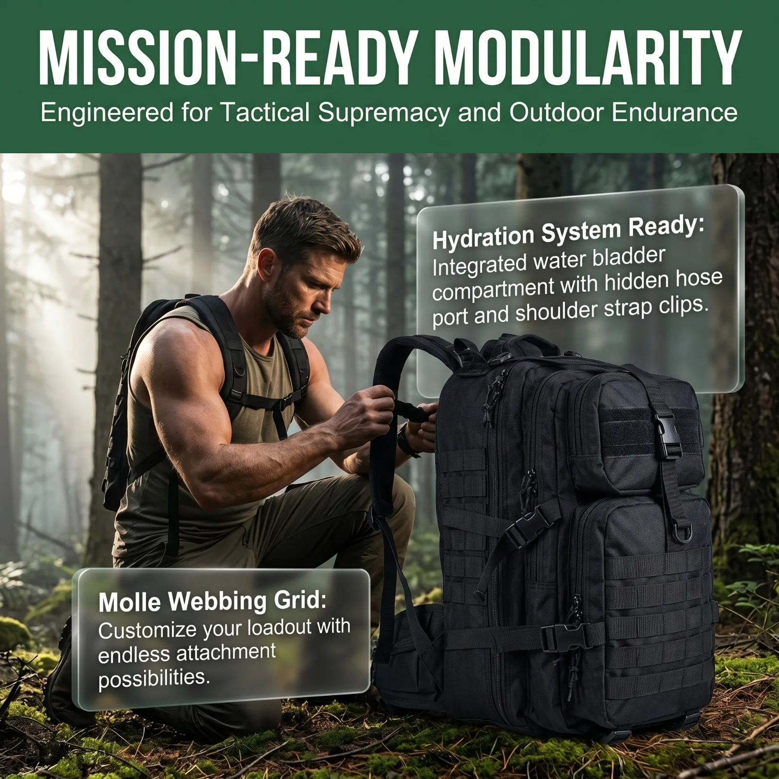 Mochila de pesca Goture negra camuflaje para viajes y senderismo - imagen 4