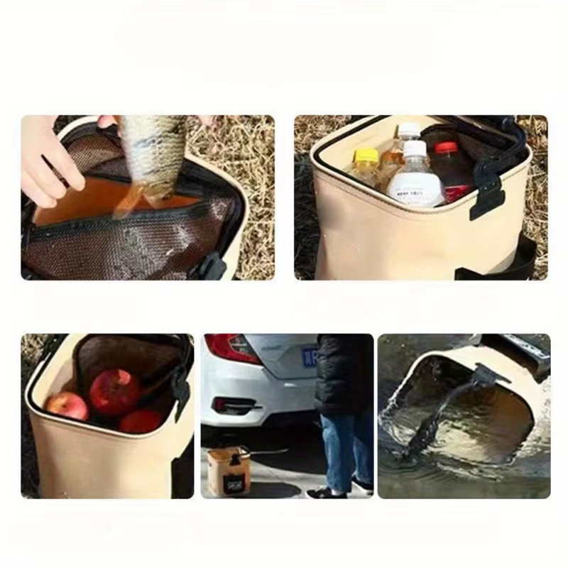 Cubo de pesca plegable en entorno natural al aire libre