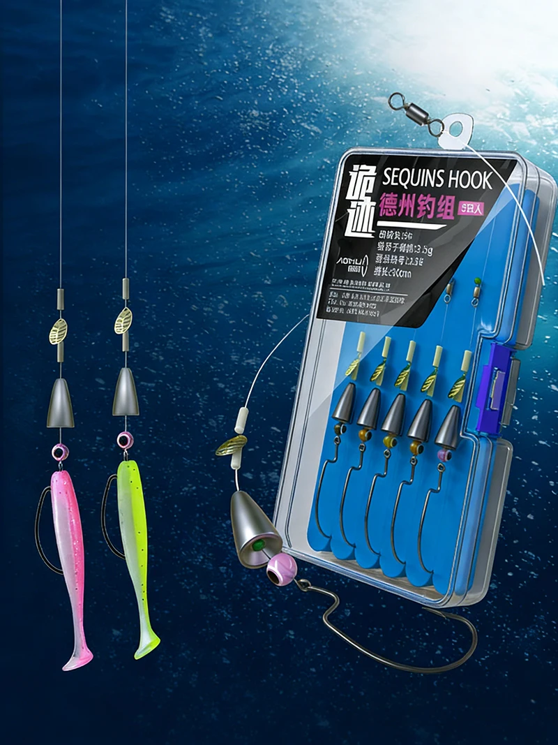 Kit de 5 anzuelos Texas Rig pre-atados con plomada y spinner