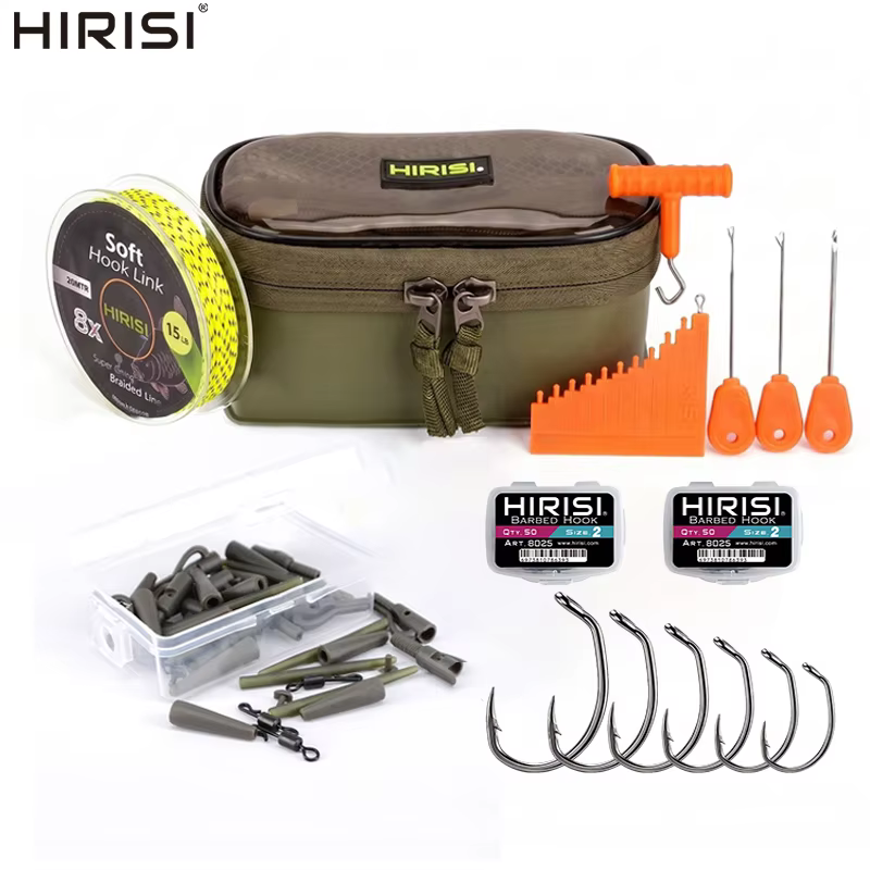 Juego de aparejos de pesca para carpas HIRISI, anzuelos con púas y anzuelos blandos, línea trenzada, aguja para cebo, herramientas para montaje de anzuelos, bolsa para pesca de carpas en agua dulce