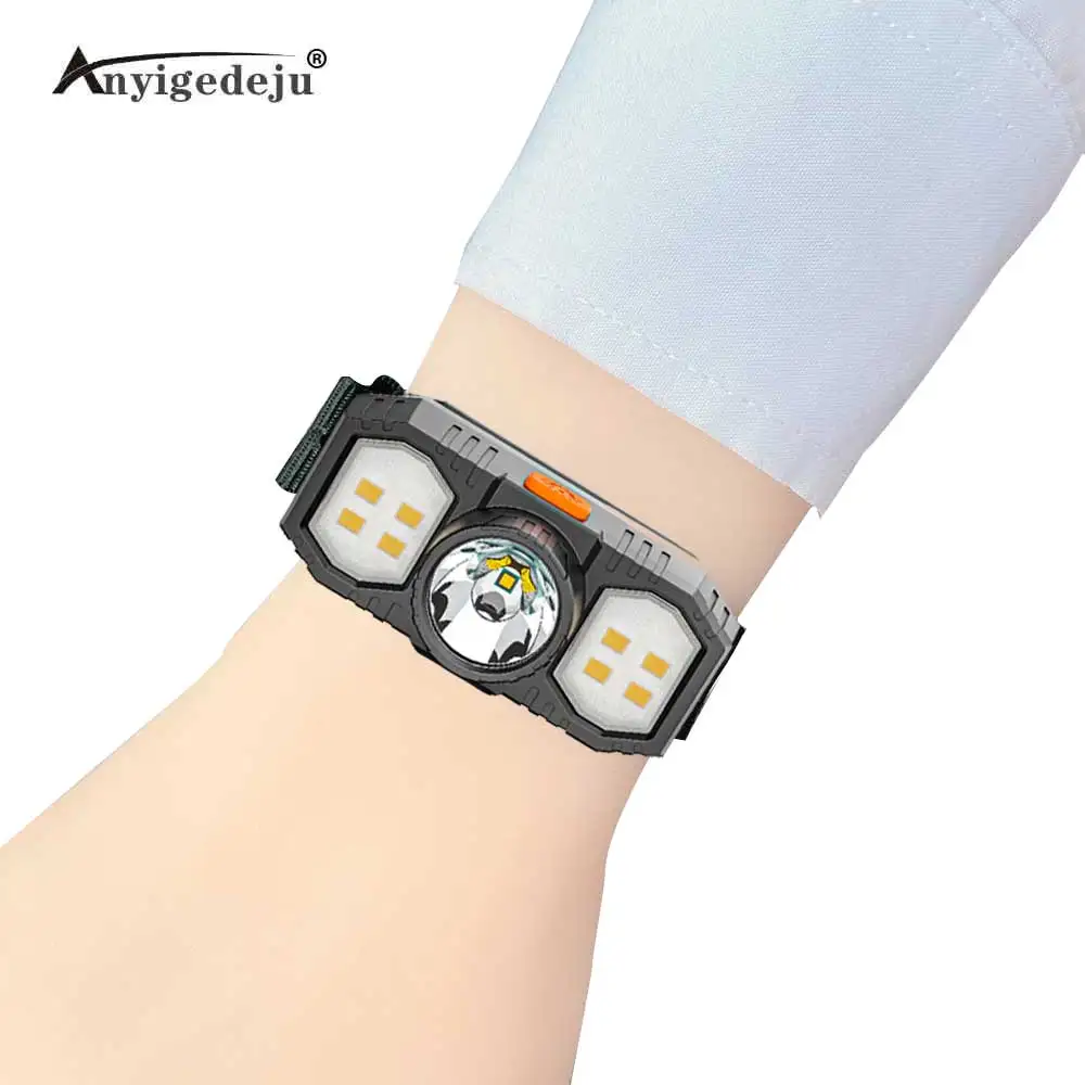 Vista frontal de la linterna LED de pesca con correa ANYIGEDEJU