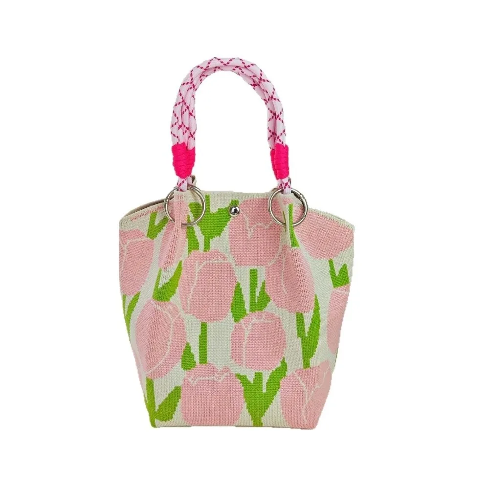 Bolso tote gran capacidad tejido floral con hebilla de anillo - imagen 4