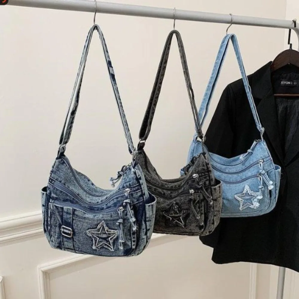 Bolso bandolera de mezclilla con correa ajustable y bolsillos - imagen 5