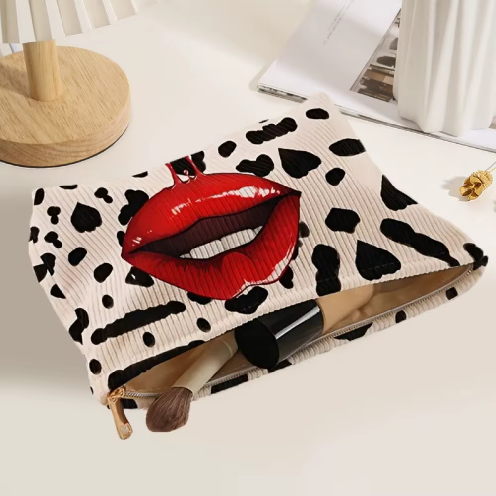 Bolsa maquillaje pana estampado labios cremallera organizador cosméticos ligero - imagen 4