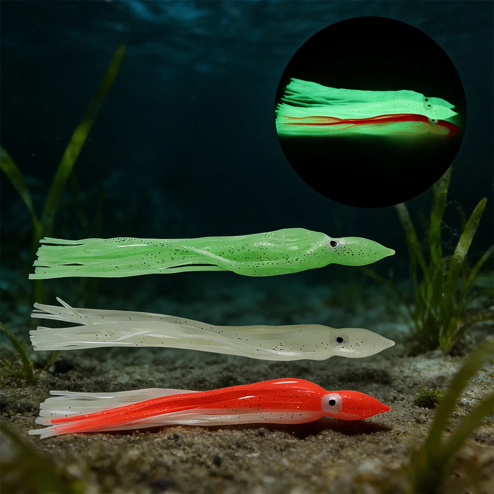 Cebo de calamar luminoso de goma suave – rojo, blanco y verde - imagen 3