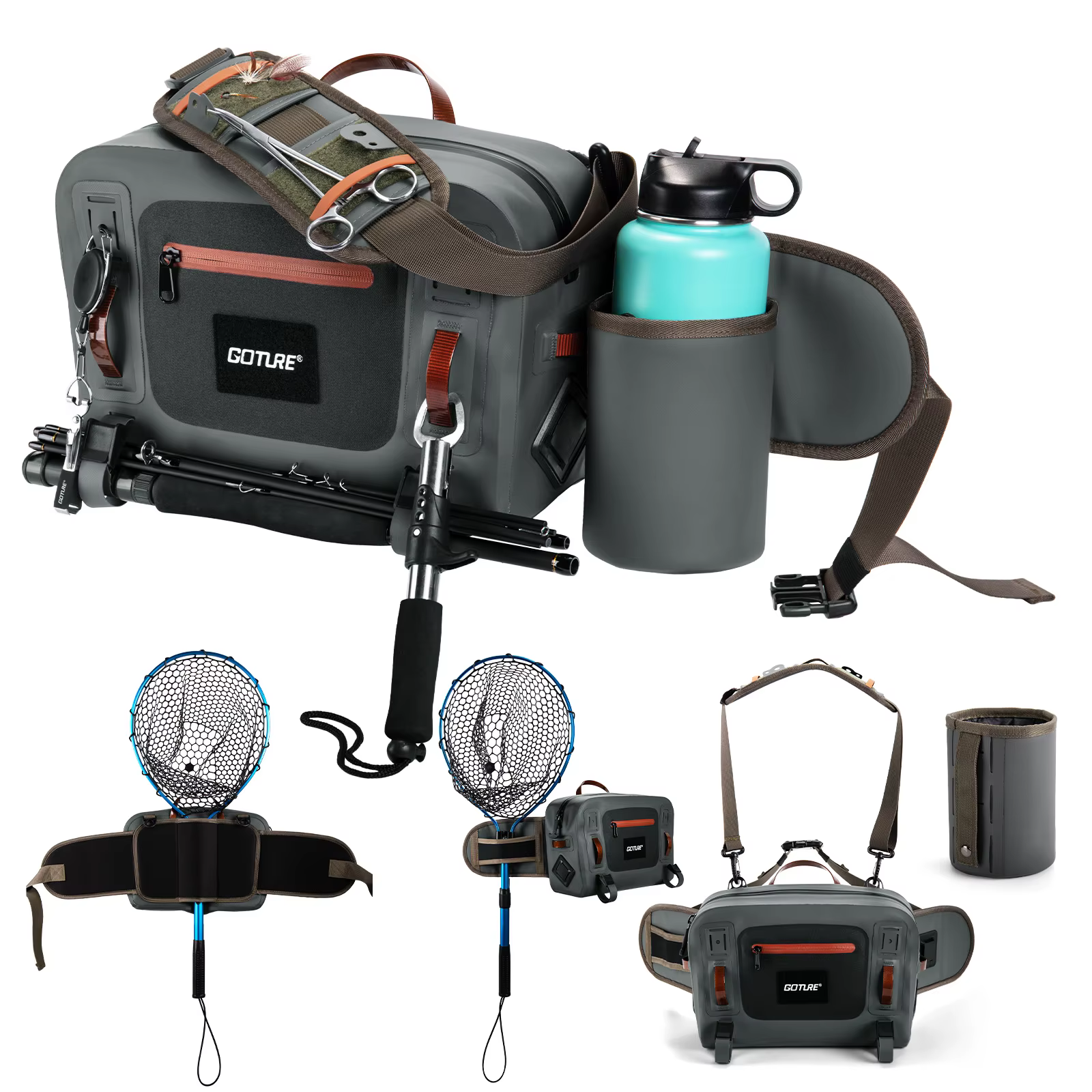 Vista lateral de la bolsa de pesca impermeable Goture 10L