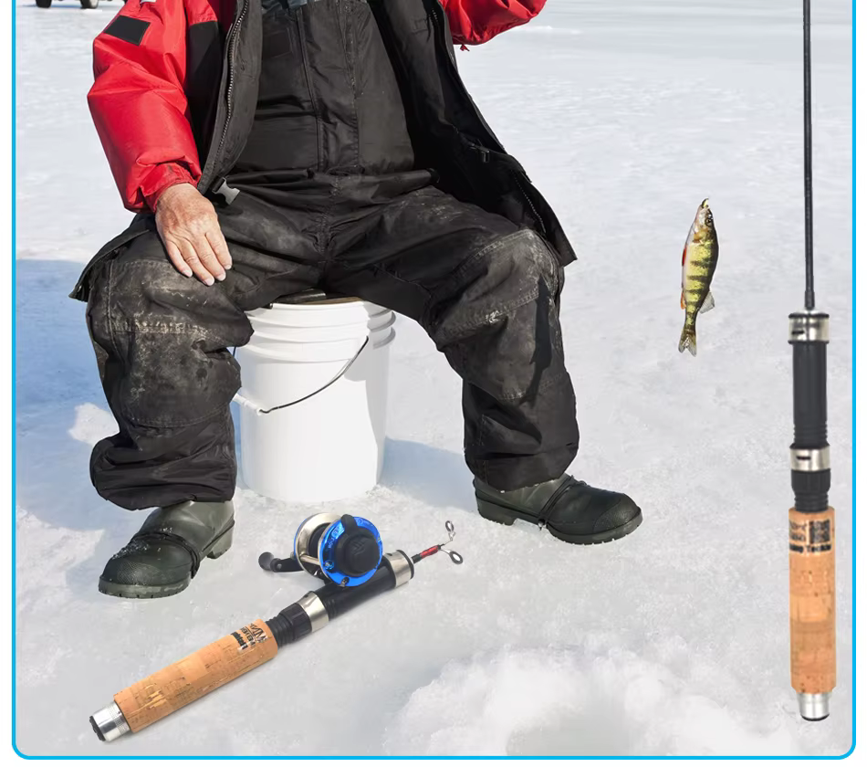 Caña de pescar dispuesta sobre superficie de hielo para pesca invernal