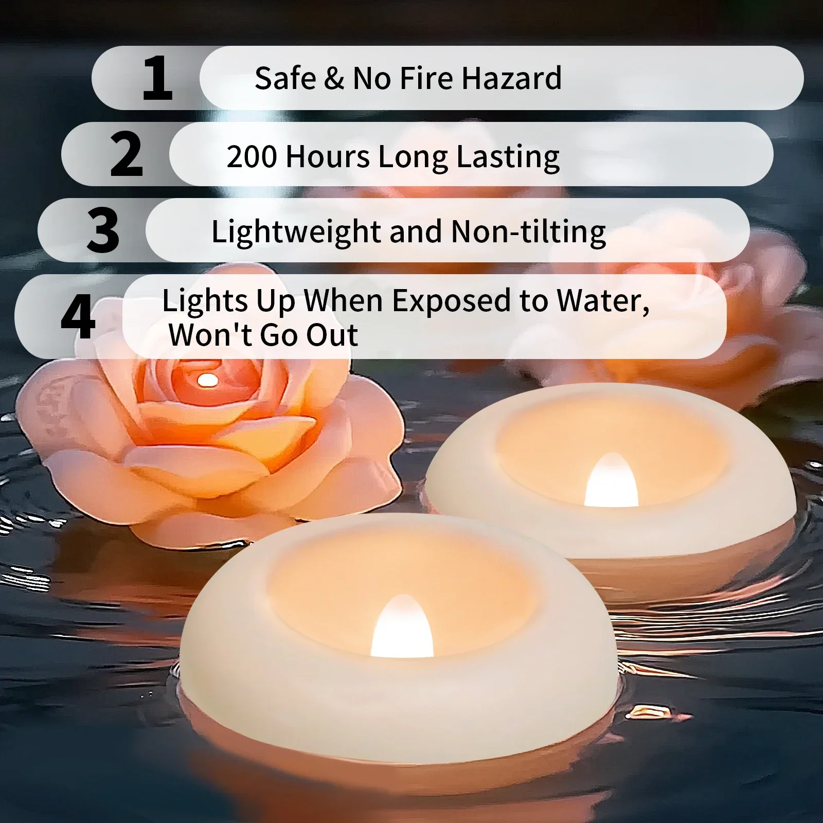 Conjunto de velas flotantes en una piscina iluminada
