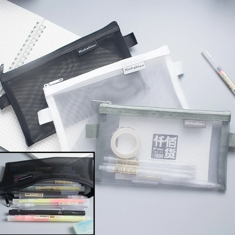 Estuche transparente de malla para lápices — vista frontal del organizador