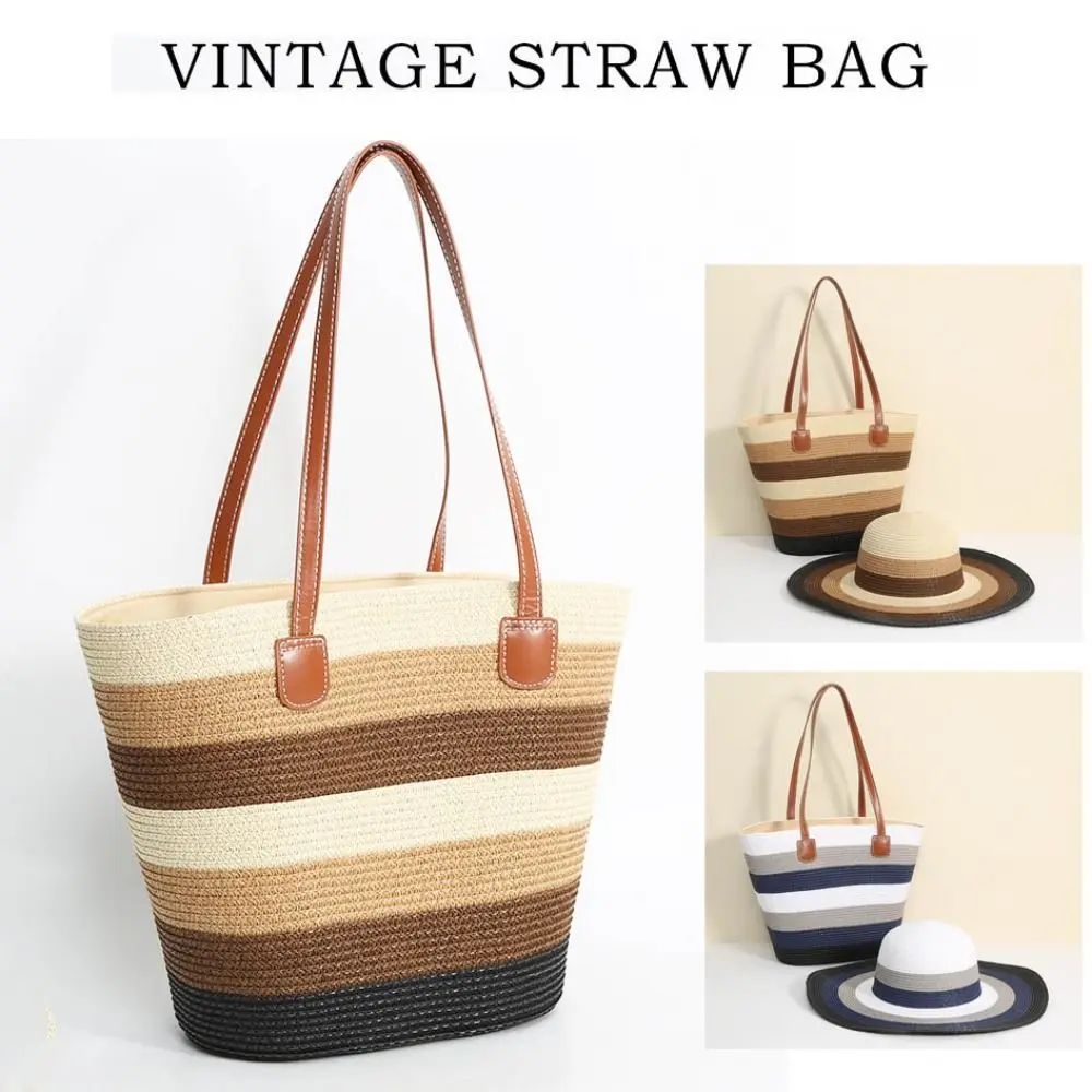Bolso tote de paja cuadrado gran capacidad con cremallera y rayas - imagen 3