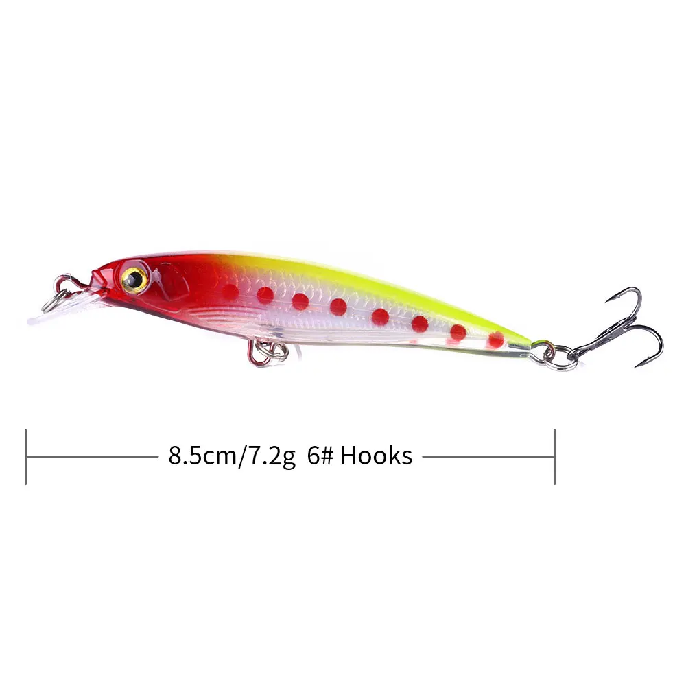 Señuelos minnow de 8.5cm dispuestos mostrando variedad de colores