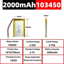 Batería recargable de polímero de litio 103450 3,7 V JST PH 2 pines
