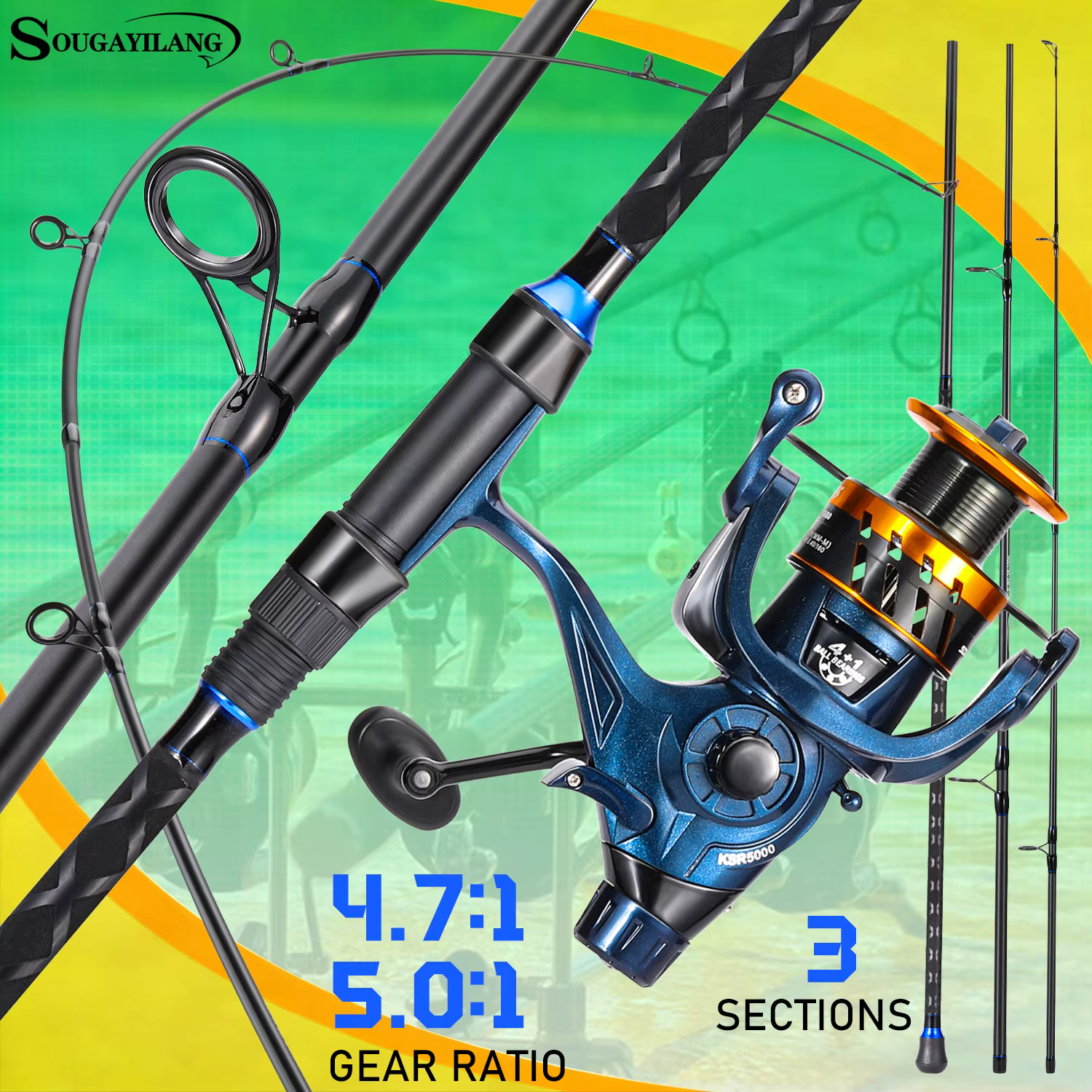 Sougayilang Combo Surfcasting 3 Secciones – Caña Spinning Fibra Carbono - imagen 2