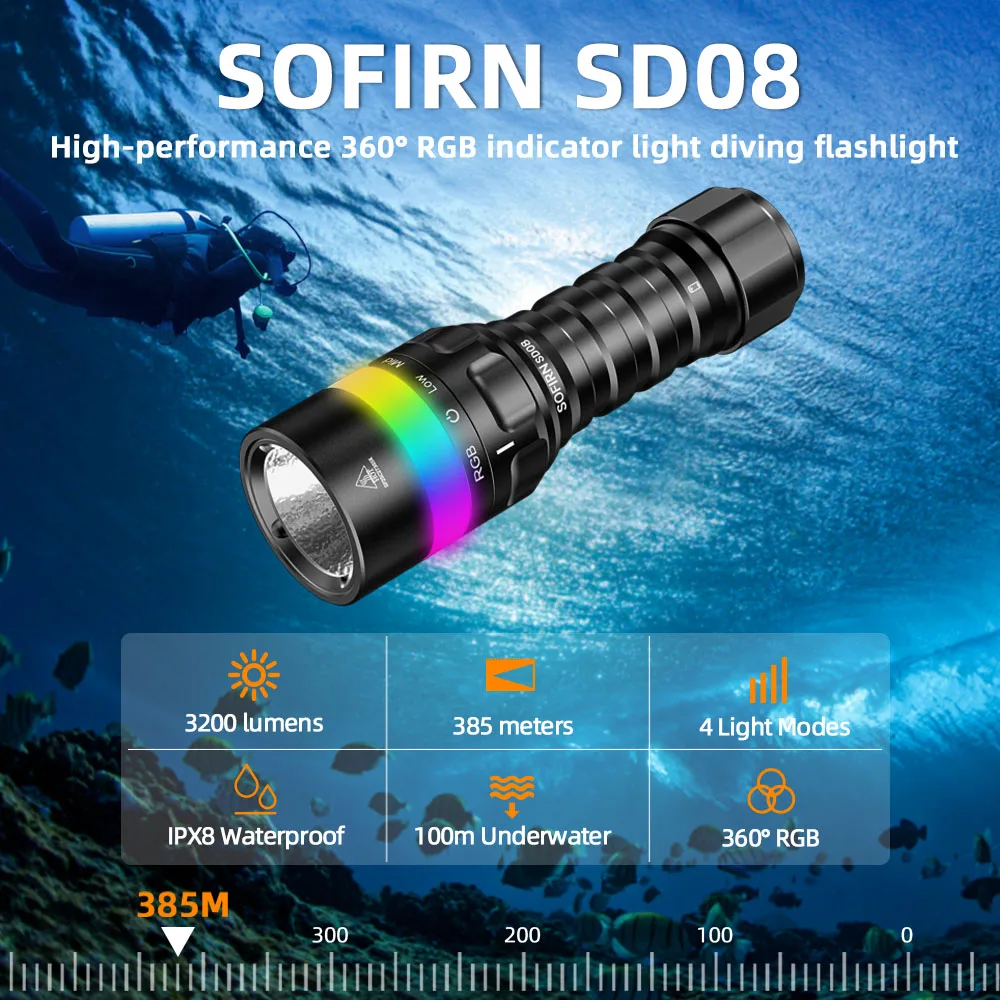 Linterna subacuática Sofirn SD08 recargable RGB con indicador - imagen 5