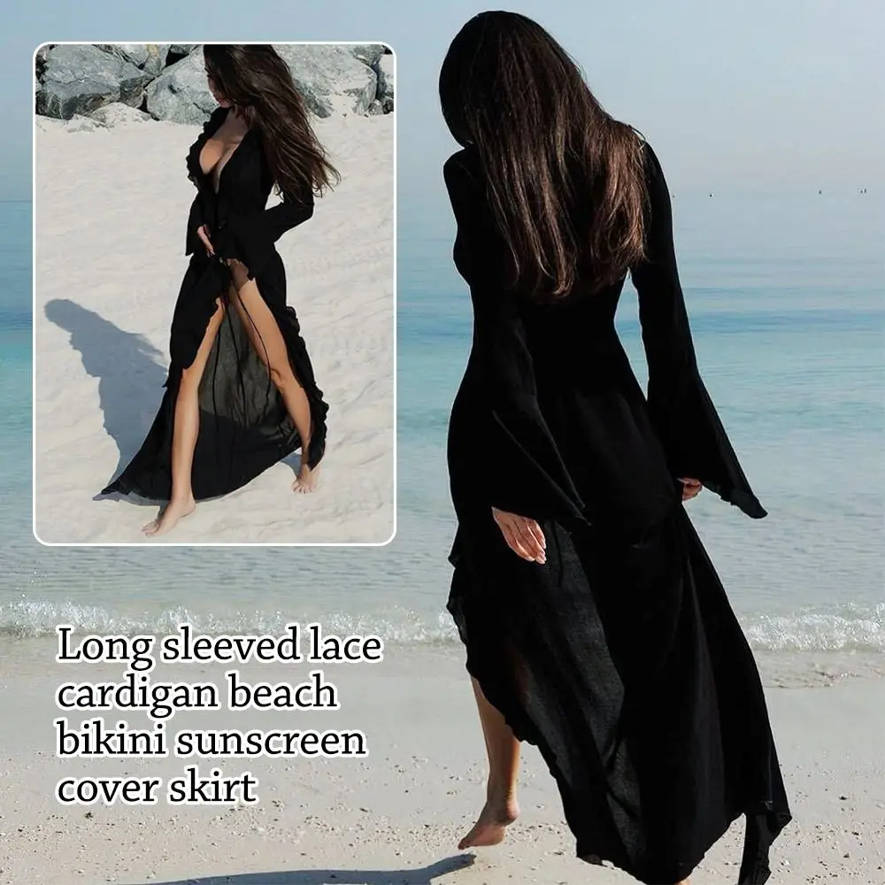 Vestido de playa, cuello en V, manga larga y volantes - imagen 2