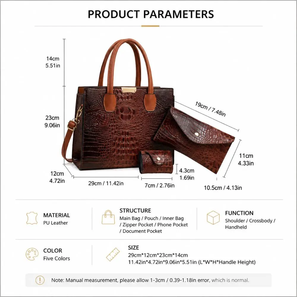 Set de 3 bolsos con textura de cocodrilo