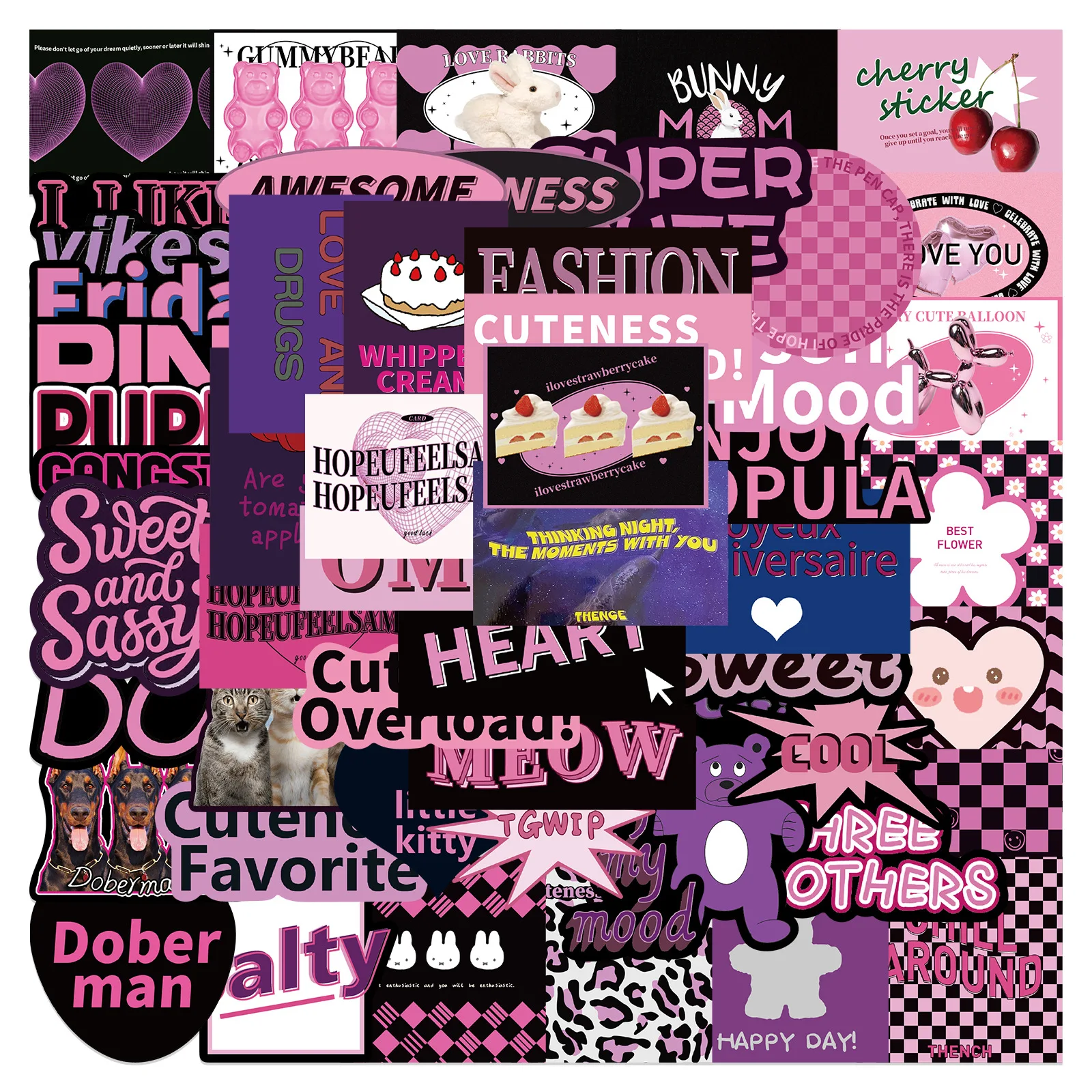 Pack completo de 55 pegatinas estéticas retro rosa y negro