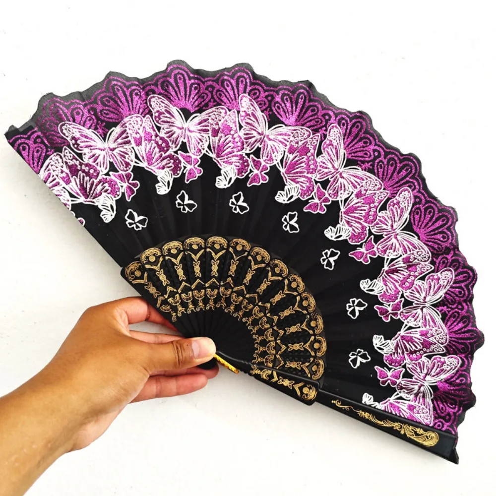 Abanico plegable bordado multicolor con estampado y bloqueo dorado