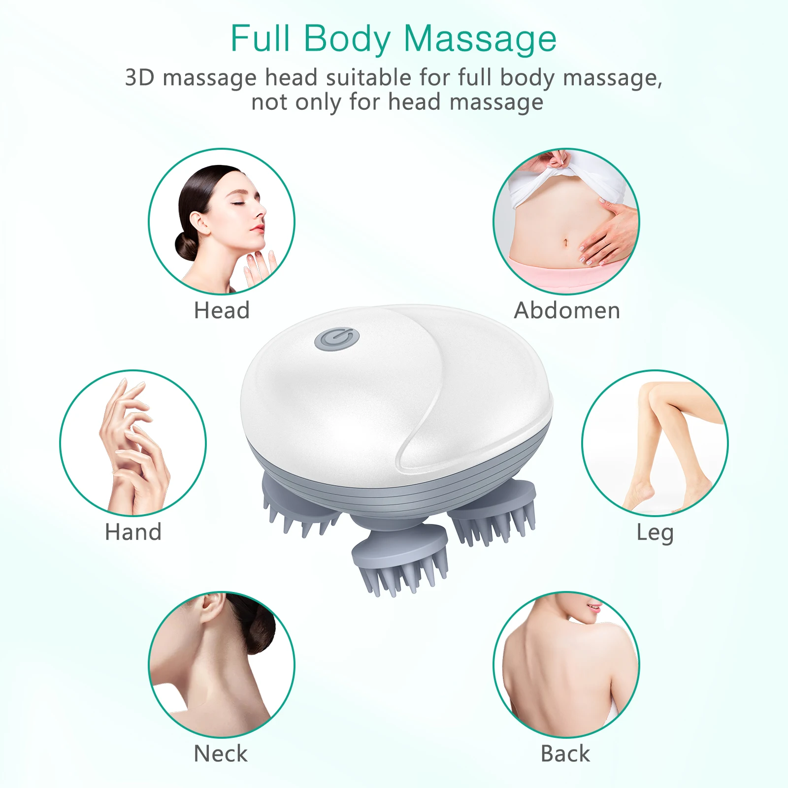 Masajeador ORIA mostrando sus cuatro cabezales de silicona