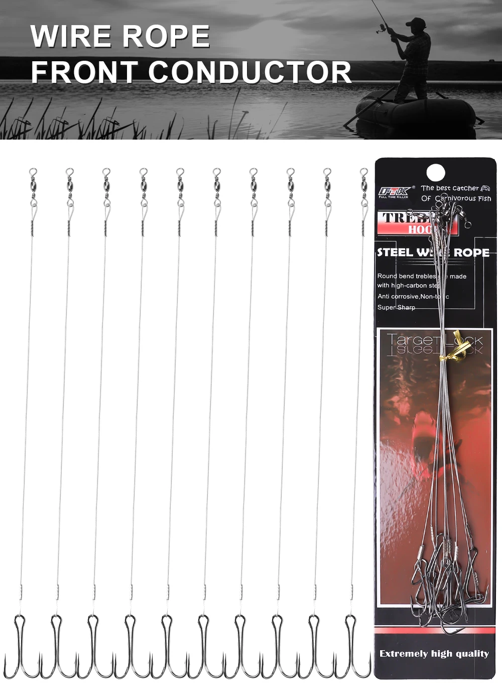 Sedal de alambre de acero antimordida FTK para pesca de lucio