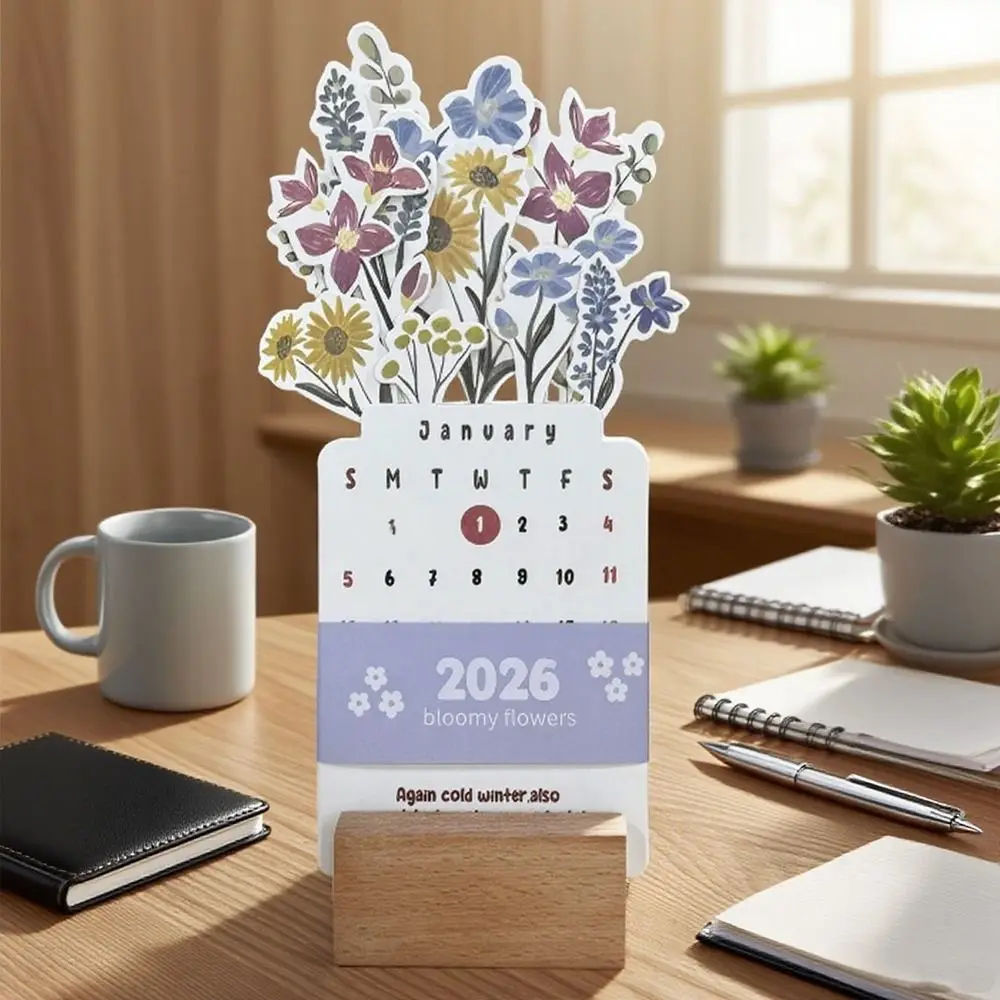 Calendario de escritorio floral con base desmontable forma florero