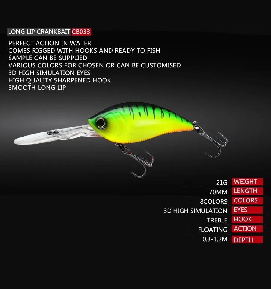 Señuelo crankbait flotante con detalle del labio largo y acabado realista