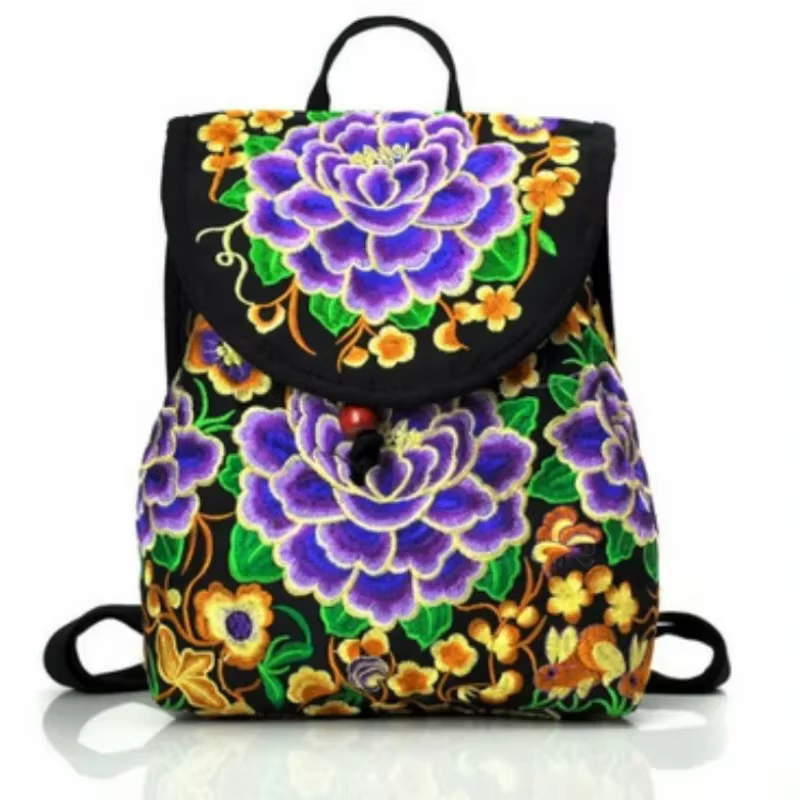 Mochila bordada étnica para mujer, mini bolso hombro multifunción lona - imagen 3