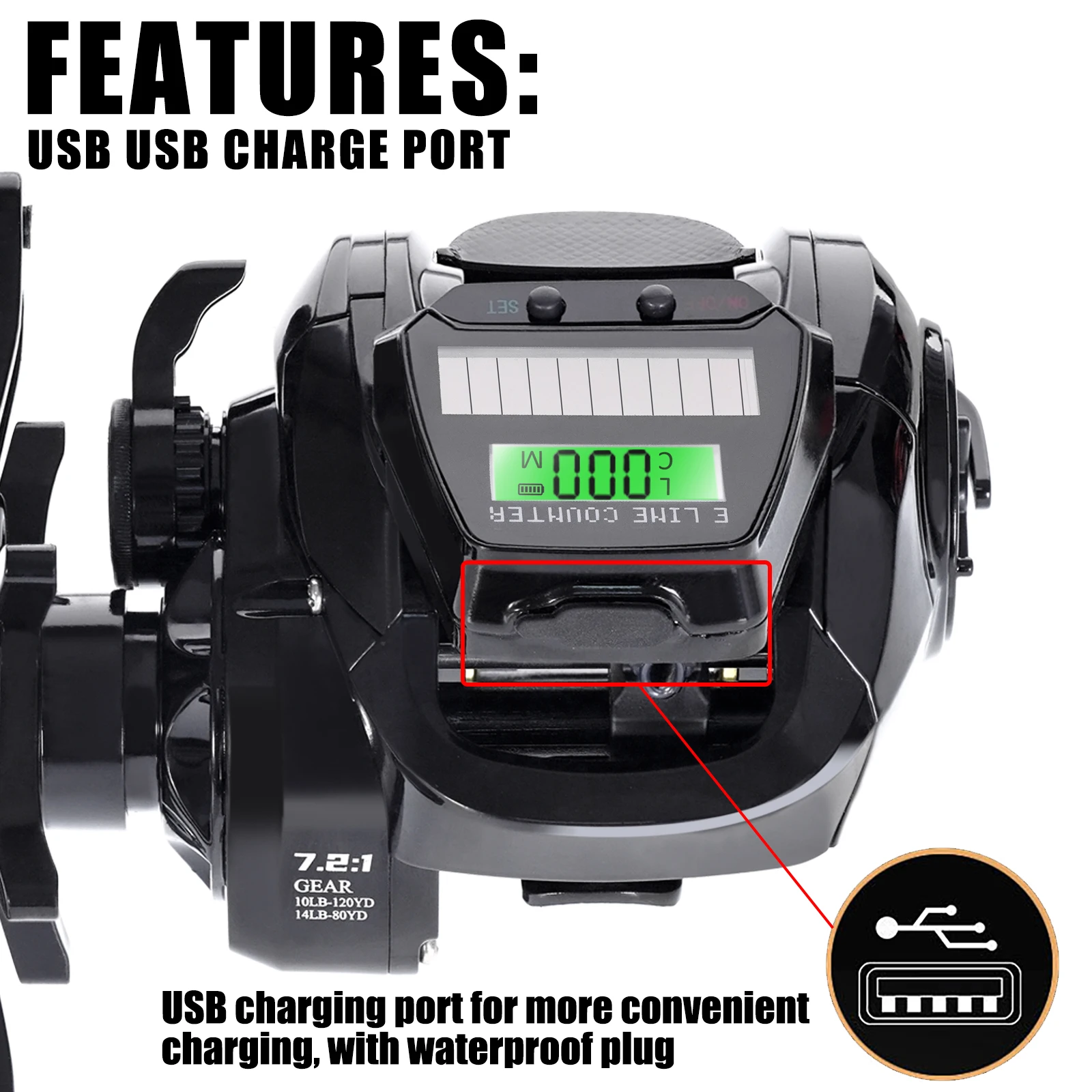 Carrete baitcasting electrico con pantalla LED USB y carga solar - imagen 5