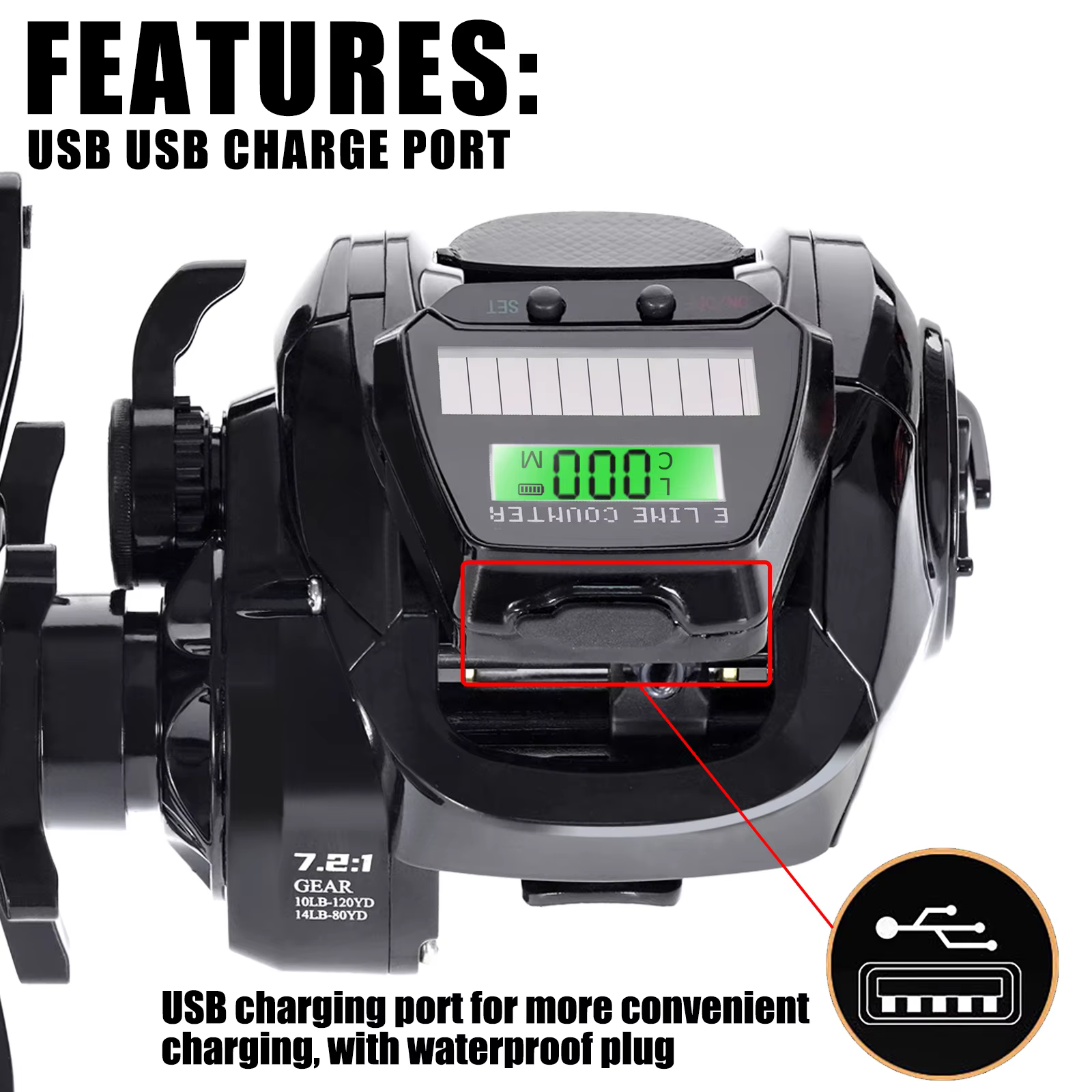 Carrete baitcasting electrico con pantalla LED USB y carga solar - imagen 5