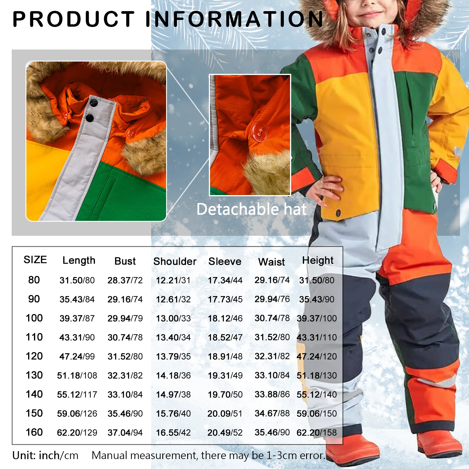 Traje de nieve infantil impermeable con capucha y cuello forrado - imagen 5