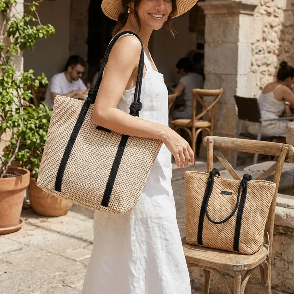 Bolso tote de paja tejido a mano con doble asa y ribete - imagen 2