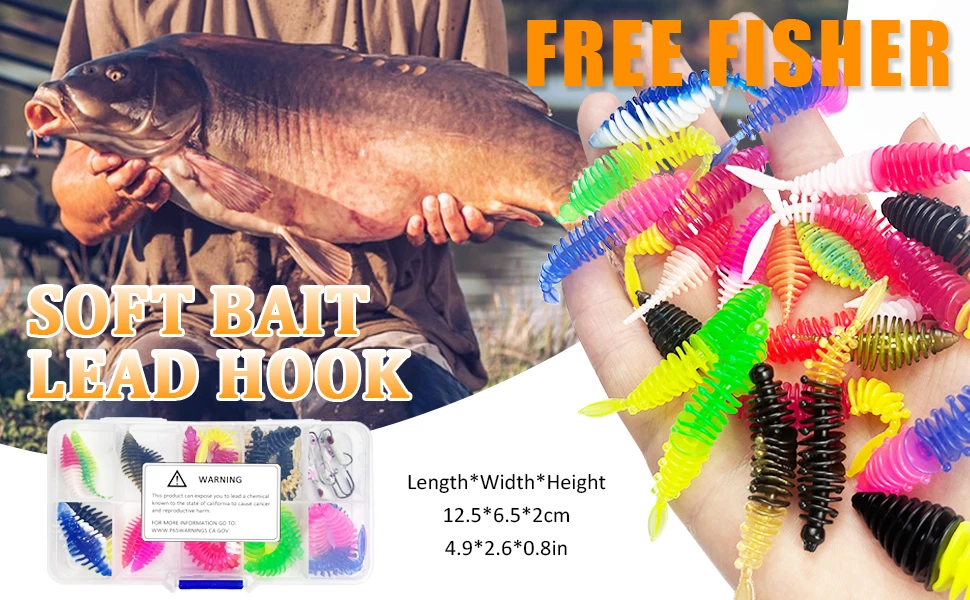 Set de 30 cebos blandos de pesca FREE FISHER en caja organizadora