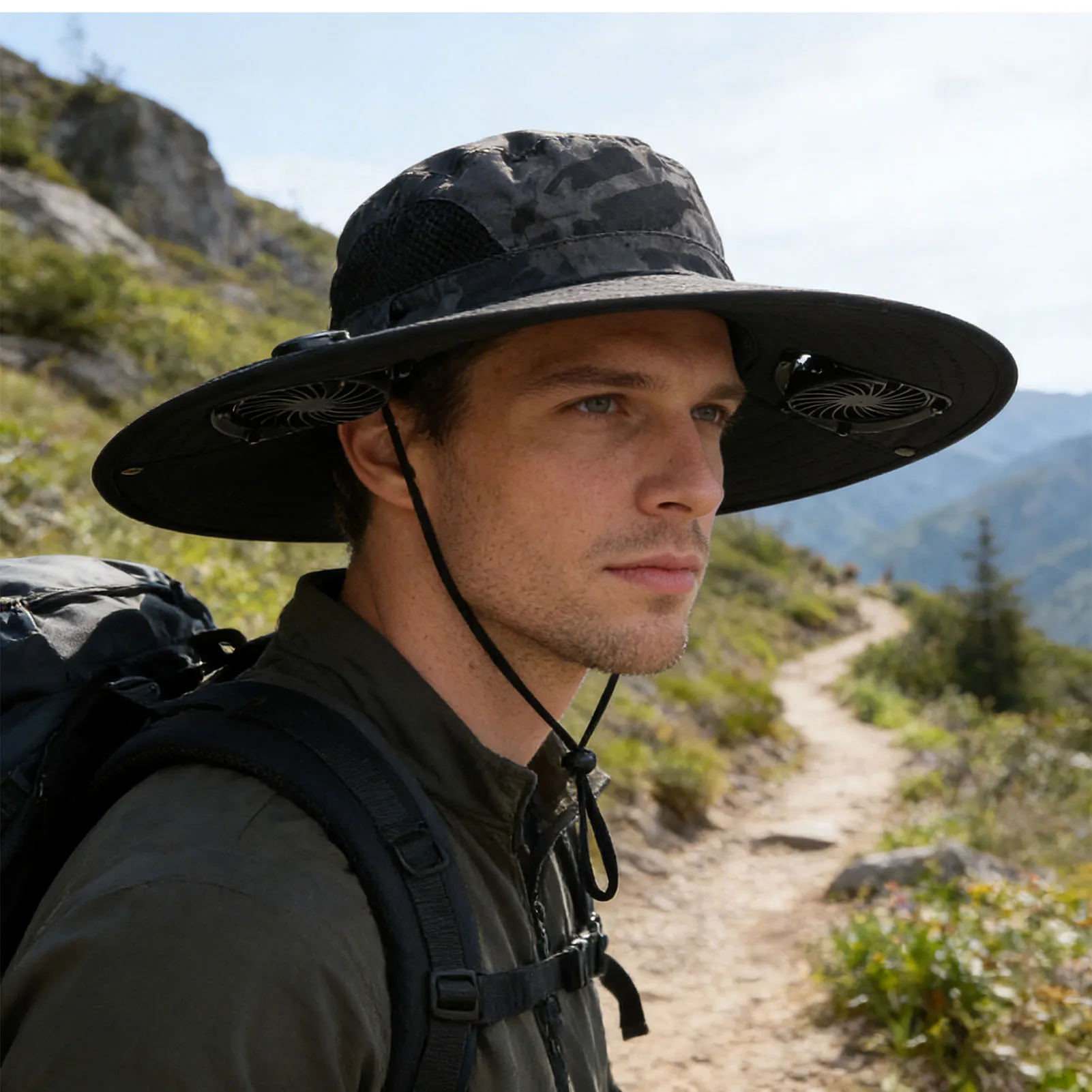 Sombrero ventilador solar camuflaje ala ancha para pesca gris