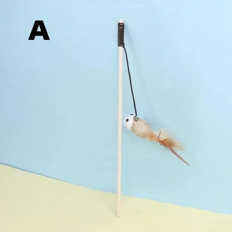 Varita de madera con forma de ratón para gatos con plumas y cascabel
