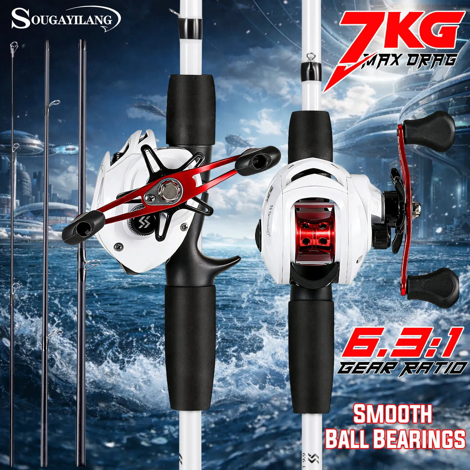 Combo caña y carrete baitcasting Sougayilang con frenos magnéticos - imagen 4